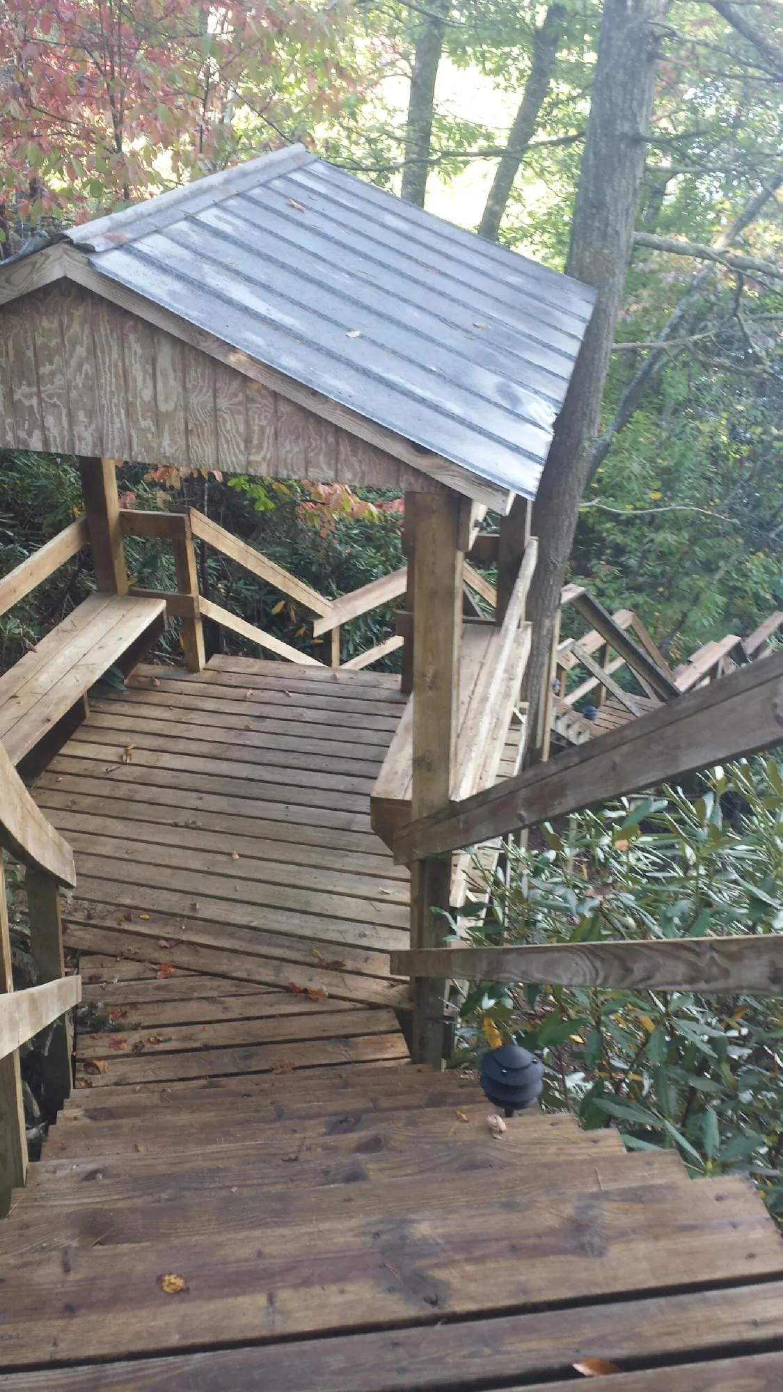 Metal roofed shelter over wooden steps on a wooded walkway — Skylight Repair & Installation work by our crew in New Prague